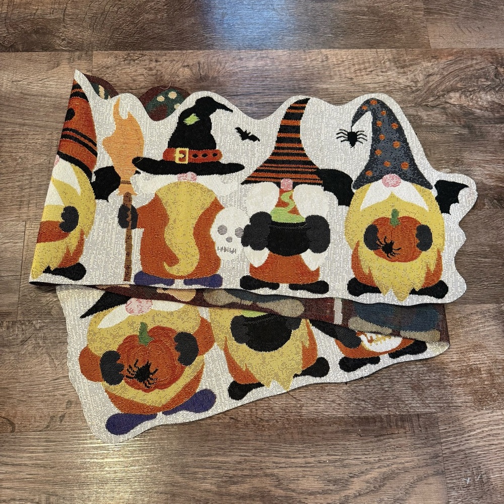Way to Celebrate Halloween Gnomes Tapestry Table Runner Like New 72 Inches Long